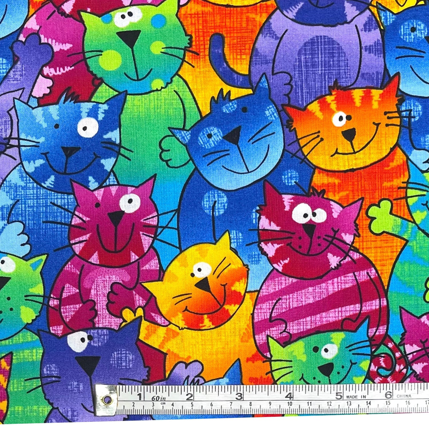 Cats Bright fabric Multi Gail Cheshire Cats Purple Green Orange Pink Timeless Treasure TT-C9327