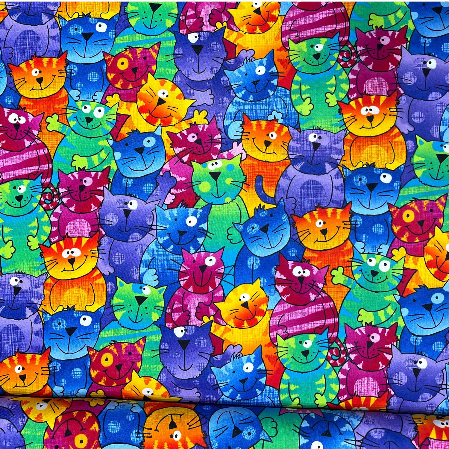 Cats Bright fabric Multi Gail Cheshire Cats Purple Green Orange Pink Timeless Treasure TT-C9327