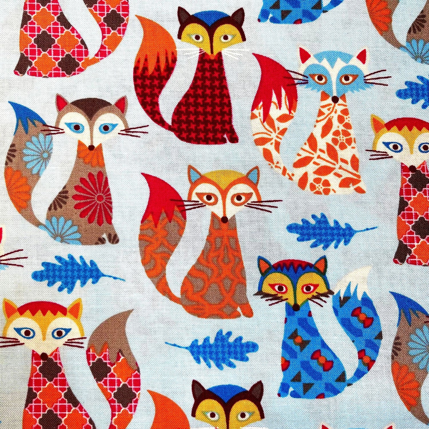 Fox Fabric Blue Orange Red Animal Quilting fabric Fun Timeless Treasure TT-C3804-Blue
