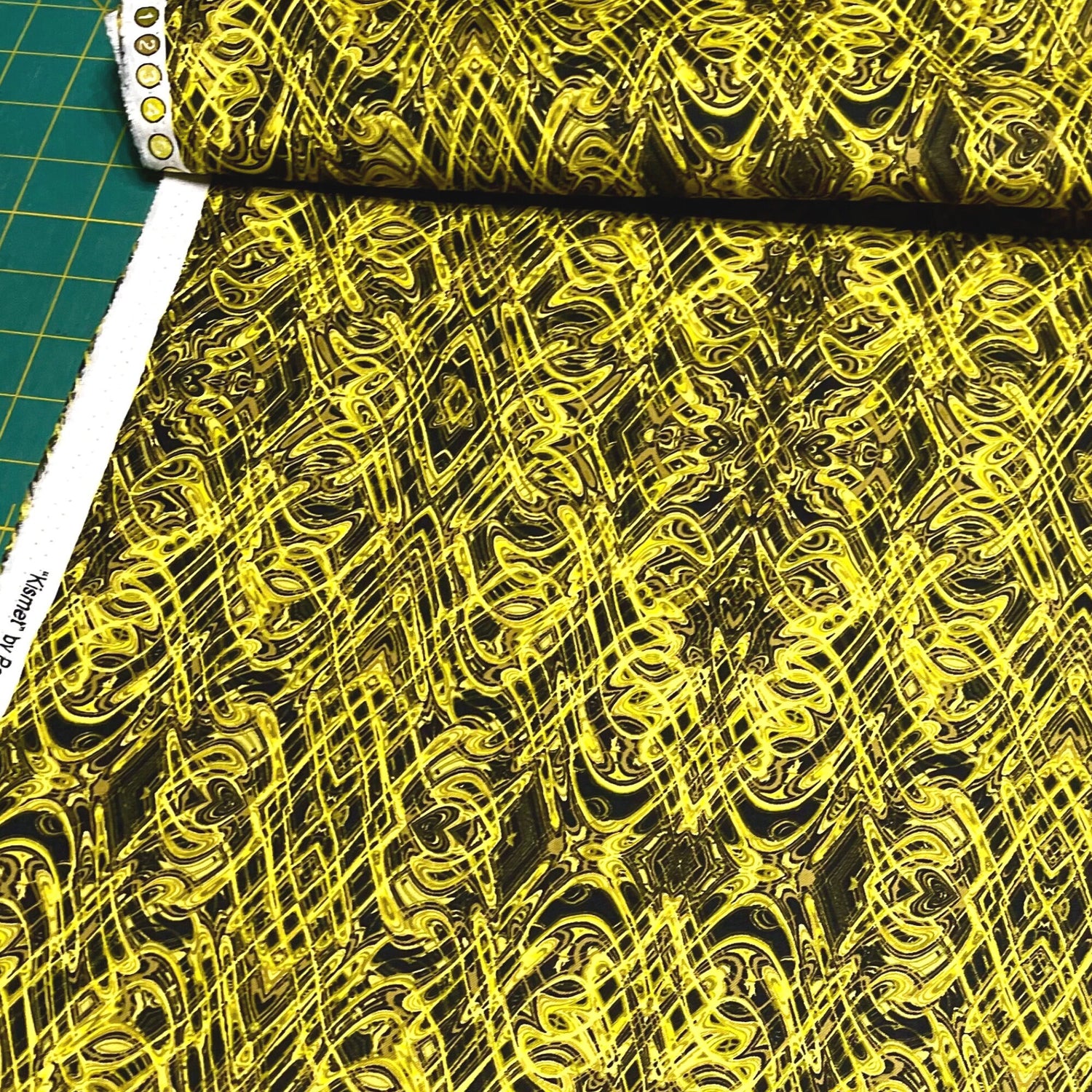 Kismet Yellow Black Swirl fabric Geometric Quilt fabric Paula Nadelstern for Benartex BT1774-44