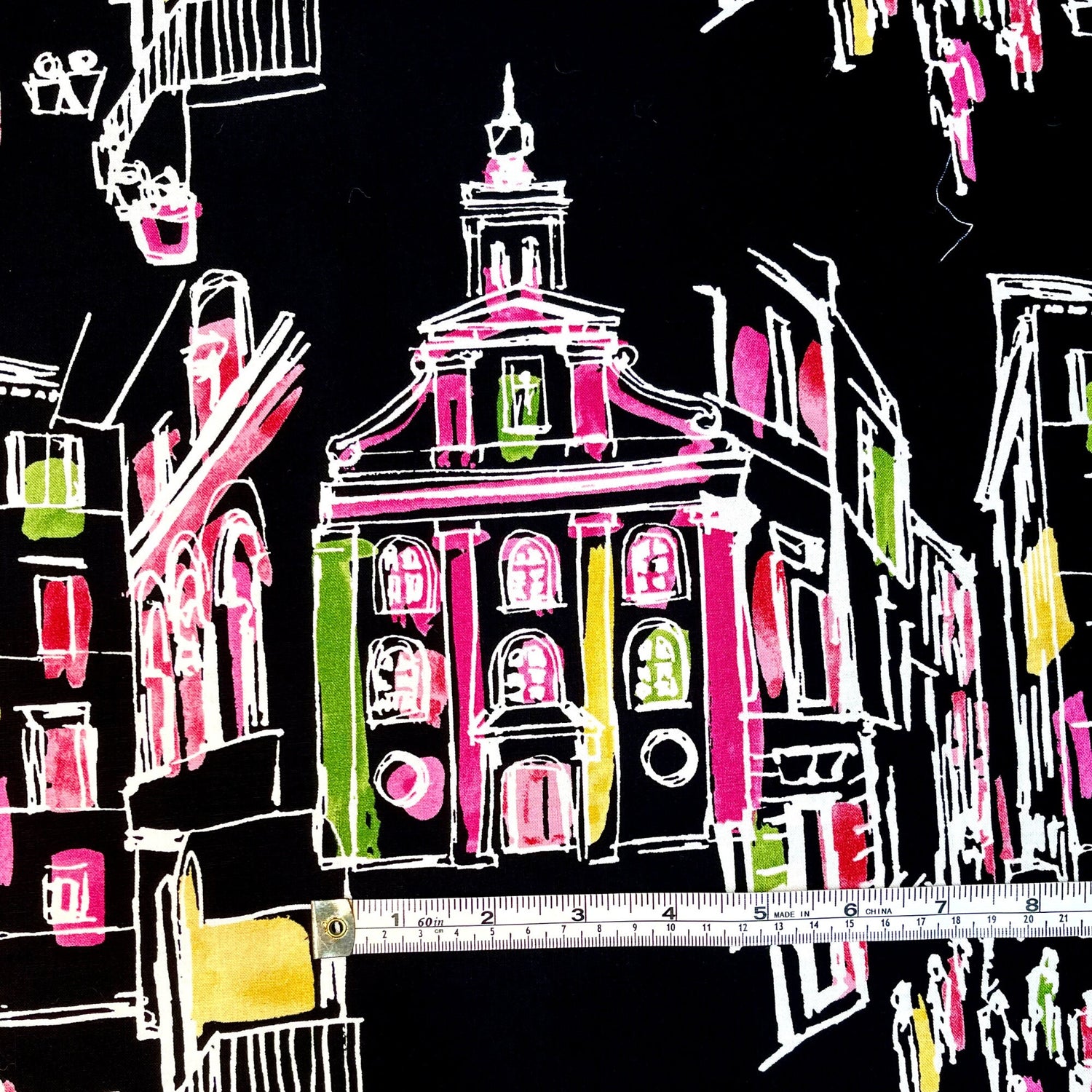 Pink Houses, On the Town fabric Black Quilting 100%Cotton Michael Miller fabric CX-6901-Black