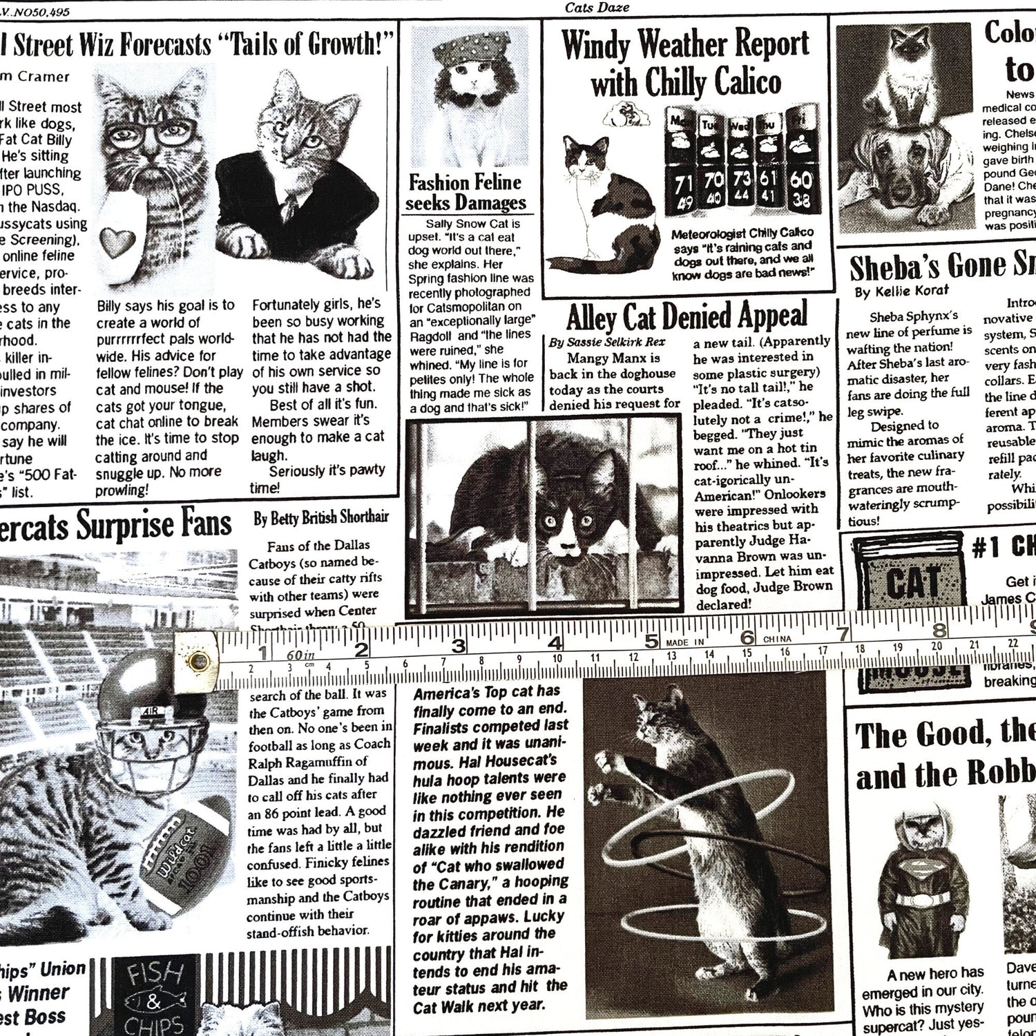 Cat Newspaper fabric 60cm The Kitty Chronicle White Timeless Treasures C1200White