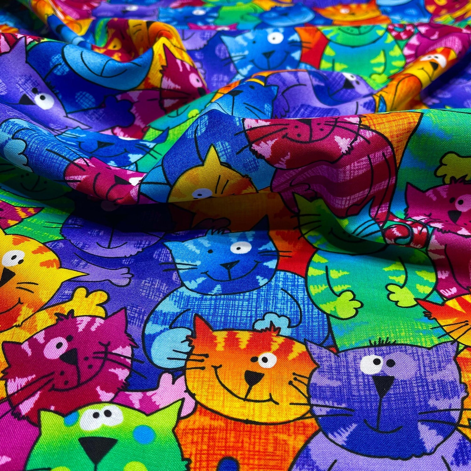 Cats Bright fabric Multi Gail Cheshire Cats Purple Green Orange Pink Timeless Treasure TT-C9327