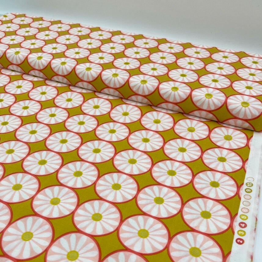 Daisy fabric tile, Pink Gold metallic accents floral Geometric Michael Miller MD7127Gold