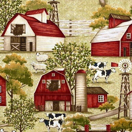 Country Barns Farmhouse Cows Windmills fabric Country Living fabric Henry Glass HG8802-66
