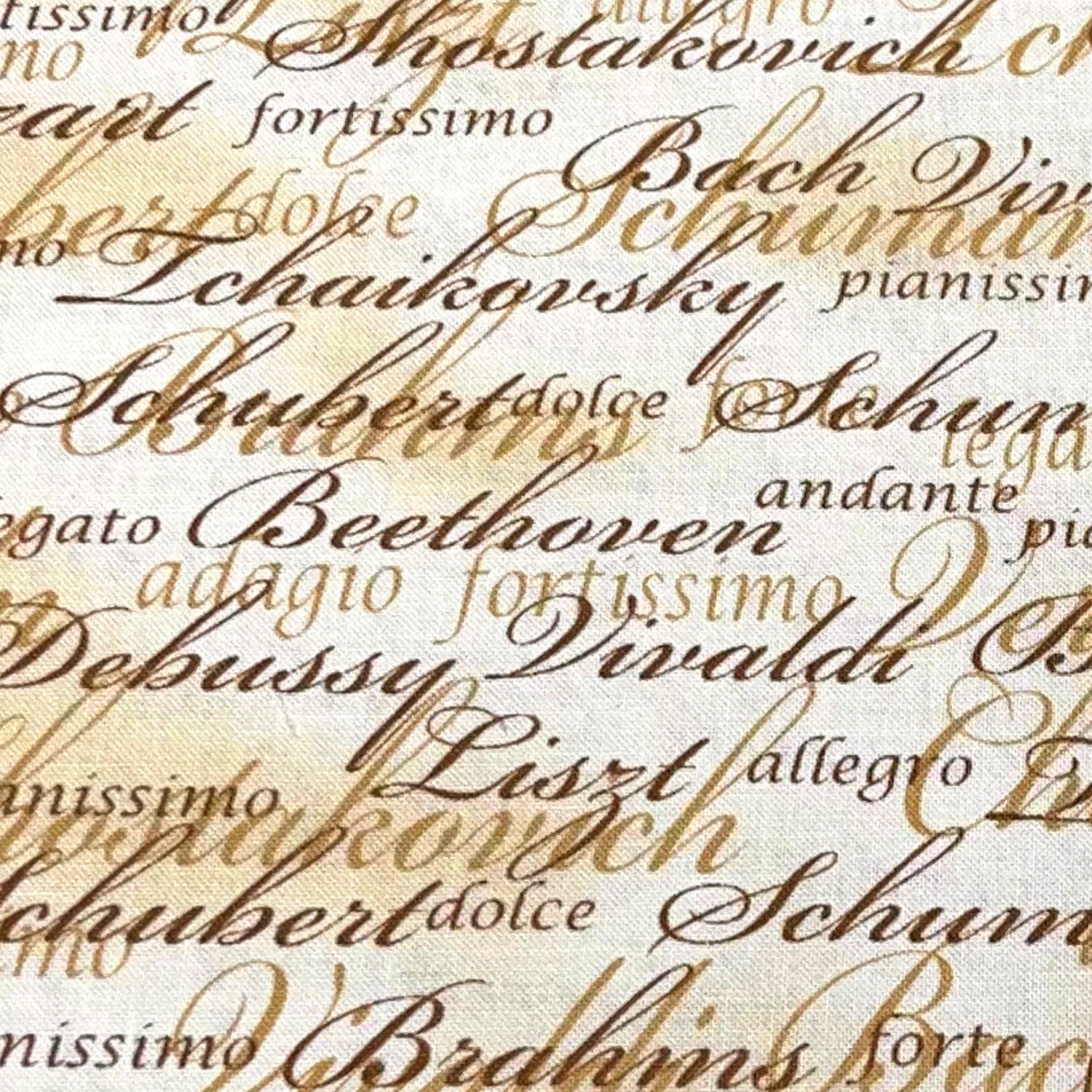Concerto Musical fabric script writing Cotton Quilting Musicians Beethoven Vivaldi Chopin Mozart Benartex