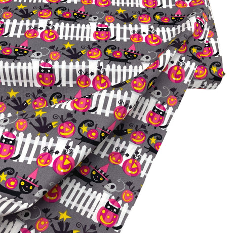 Happy Halloween fabric Black Cats, Pumpkins, white picket fences, Henry Glass Fabric Cotton Quilting fabric DW102.0VAMP