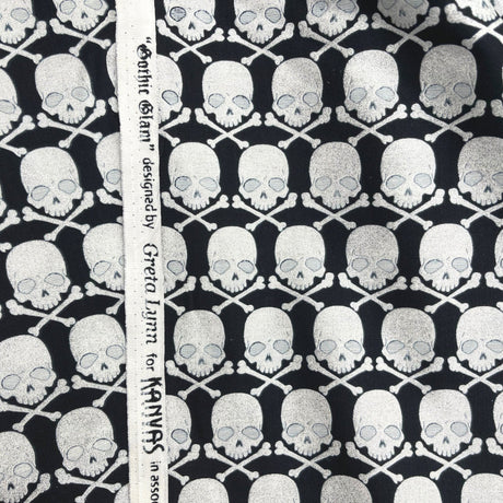 Skulls metallic fabric Black Silver metallic Halloween Cotton Quilting fabric Gothic Glam Fabric Benartex BT-CM4937G-12