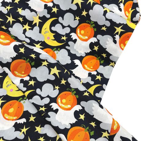Happy Halloween Pumpkin fabric Moon Stars Ghosts Orange David Walker Fabric Cotton Quilting fabric FSDW104.0GHOU