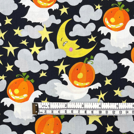 Happy Halloween Pumpkin fabric Moon Stars Ghosts Orange David Walker Fabric Cotton Quilting fabric FSDW104.0GHOU