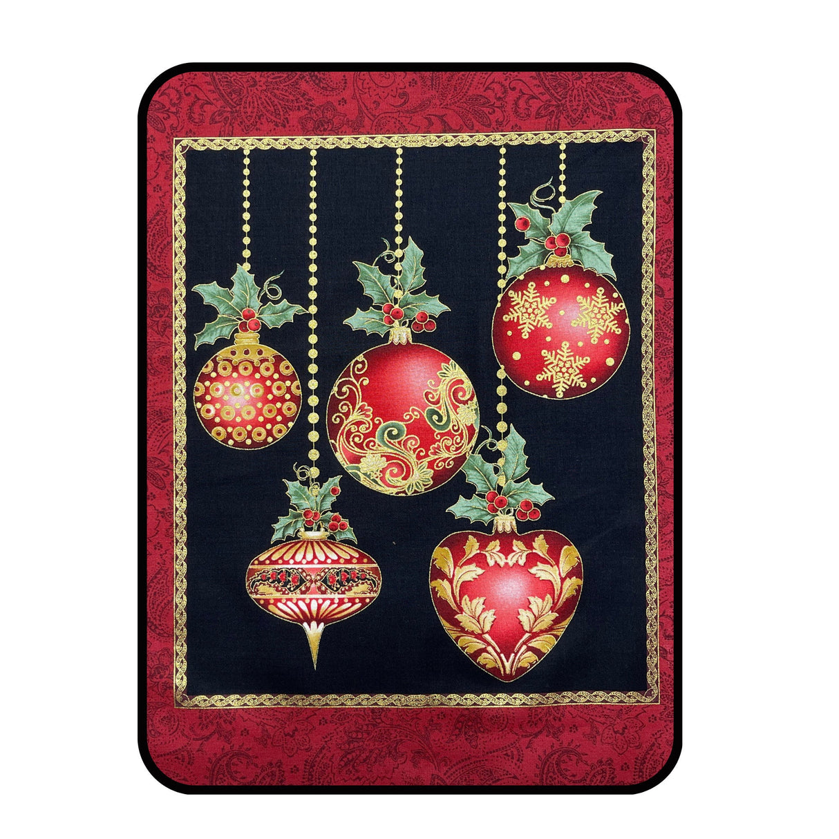 A Festive Season Fabric PANEL, Christmas Baubles Red, Gold metallic Black Cotton Quilting Christmas fabric BT-2641M