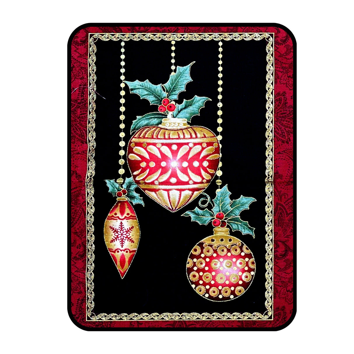 A Festive Season Fabric PANEL, Christmas Baubles Red, Gold metallic Black Cotton Quilting Christmas fabric BT-2641M