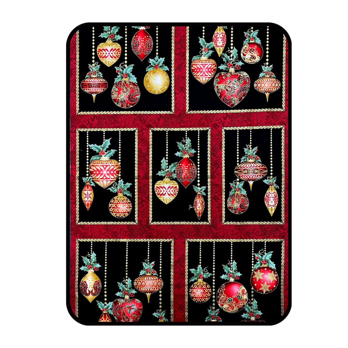 A Festive Season Fabric PANEL, Christmas Baubles Red, Gold metallic Black Cotton Quilting Christmas fabric BT-2641M