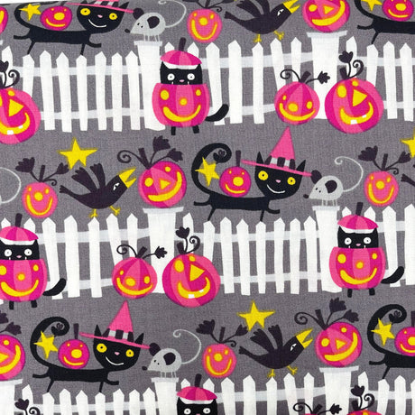 Happy Halloween fabric Black Cats, Pumpkins, white picket fences, Henry Glass Fabric Cotton Quilting fabric DW102.0VAMP