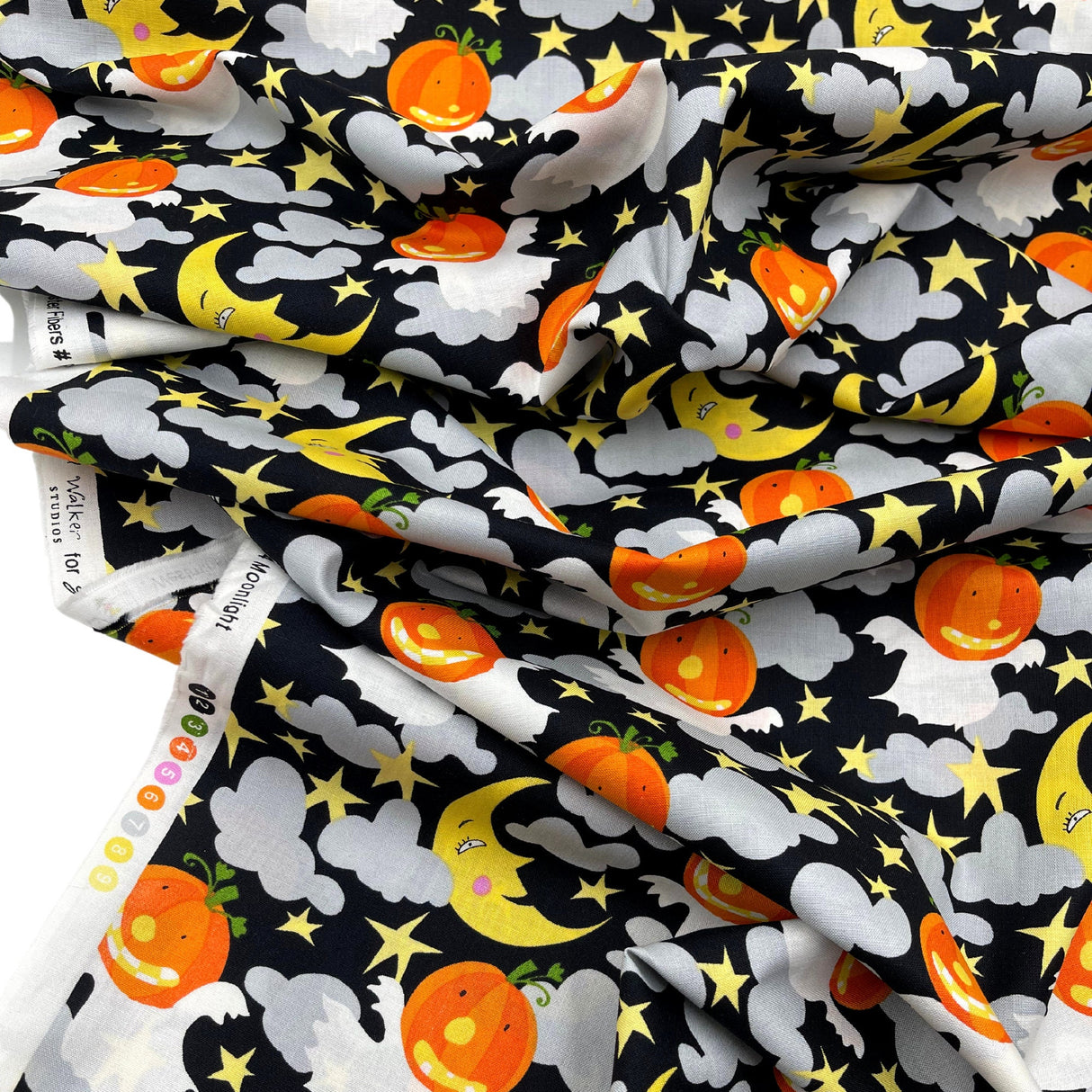 Happy Halloween Pumpkin fabric Moon Stars Ghosts Orange David Walker Fabric Cotton Quilting fabric FSDW104.0GHOU