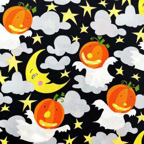 Happy Halloween Pumpkin fabric Moon Stars Ghosts Orange David Walker Fabric Cotton Quilting fabric FSDW104.0GHOU