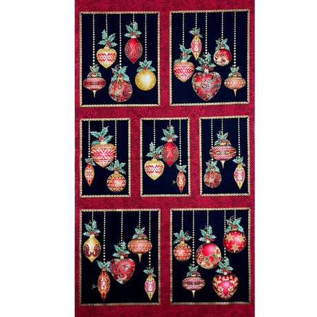 A Festive Season Fabric PANEL, Christmas Baubles Red, Gold metallic Black Cotton Quilting Christmas fabric BT-2641M