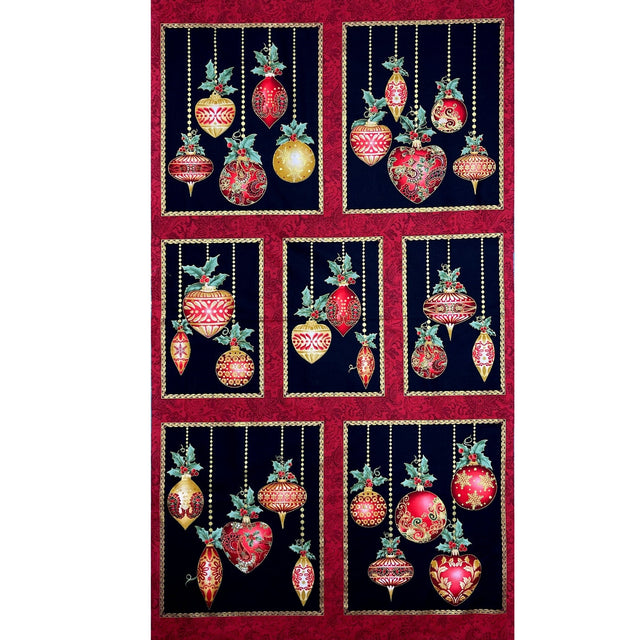 A Festive Season Fabric PANEL, Christmas Baubles Red, Gold metallic Black Cotton Quilting Christmas fabric BT-2641M