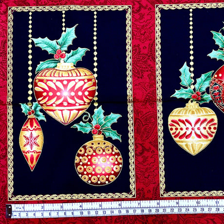 A Festive Season Fabric PANEL, Christmas Baubles Red, Gold metallic Black Cotton Quilting Christmas fabric BT-2641M