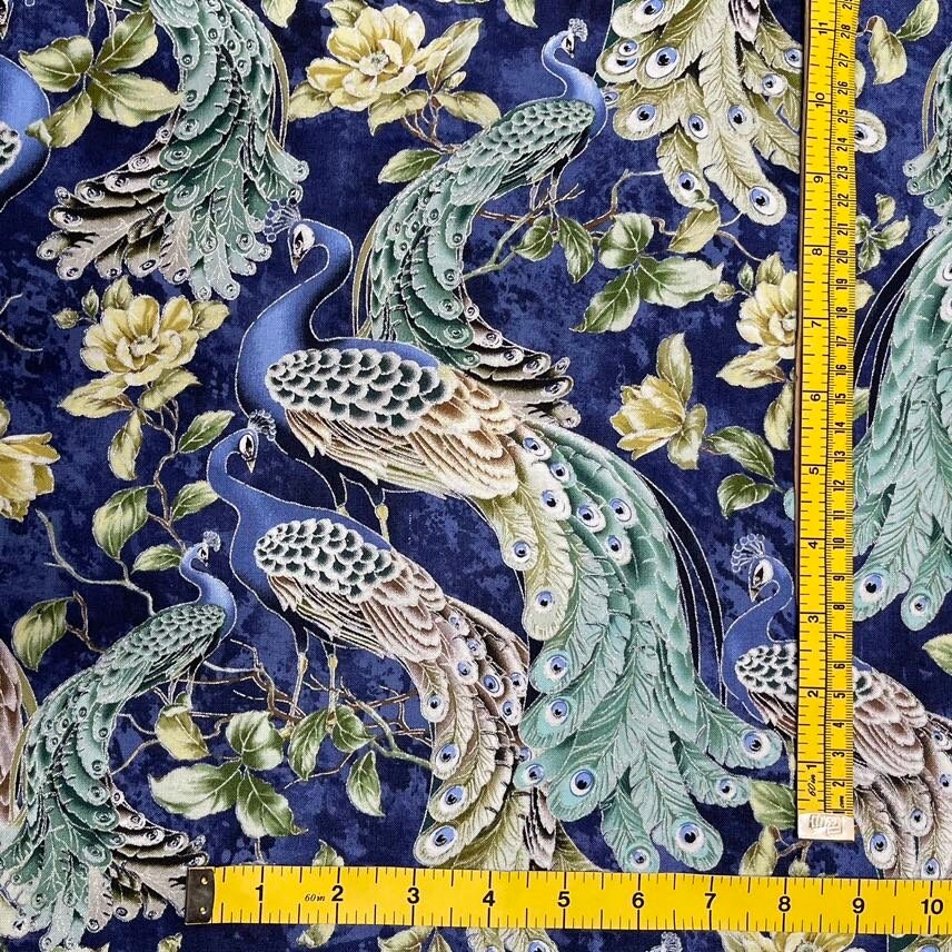 Peacock Fabric Plume Pacific Quilting Craft Cotton Blue fabric 50cm by Timeless Treasures