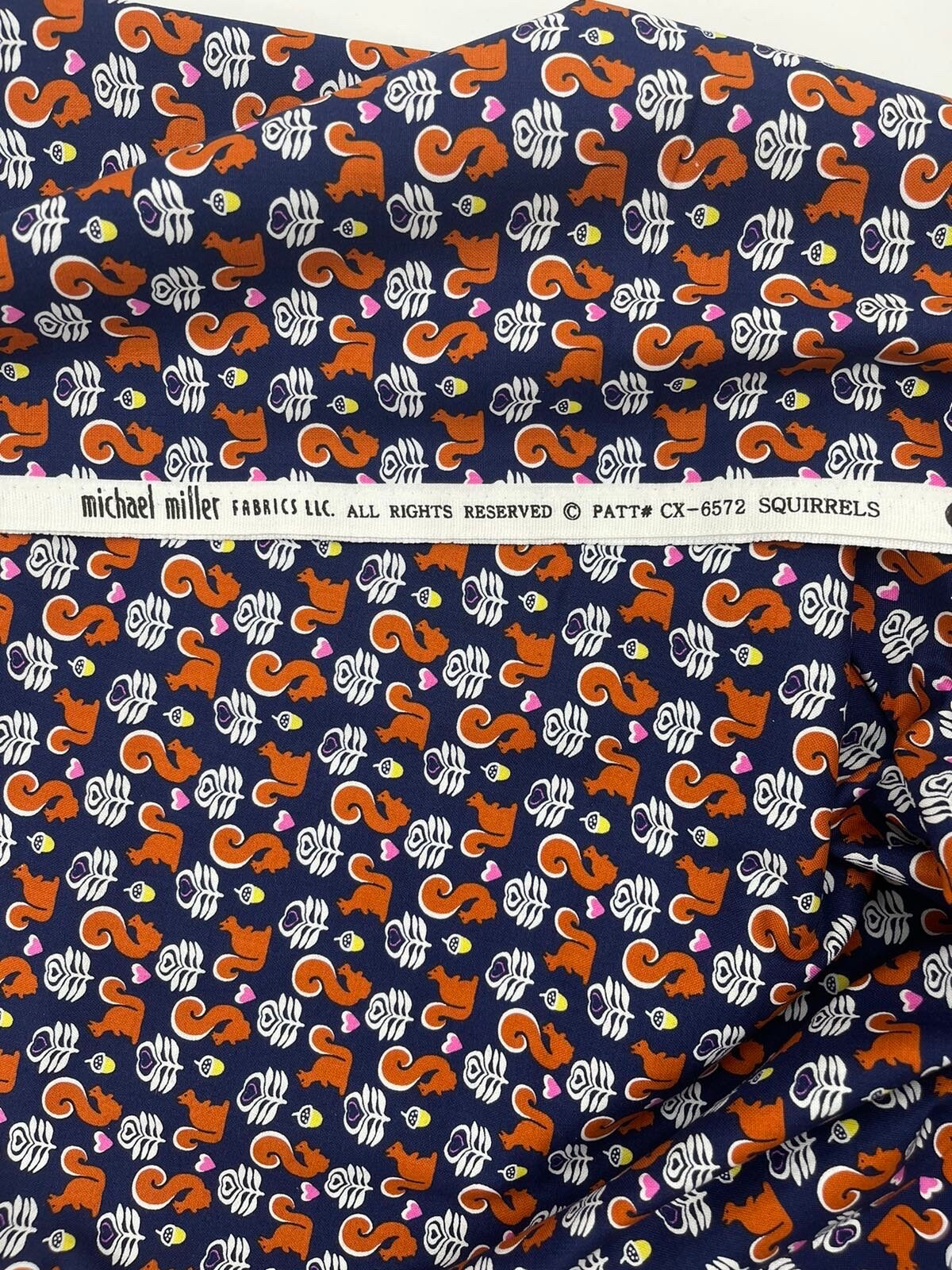 Squirrel Quilting fabric, pink hearts, Navy, Animal fabric, Crafts, Michael Miller CX-6572