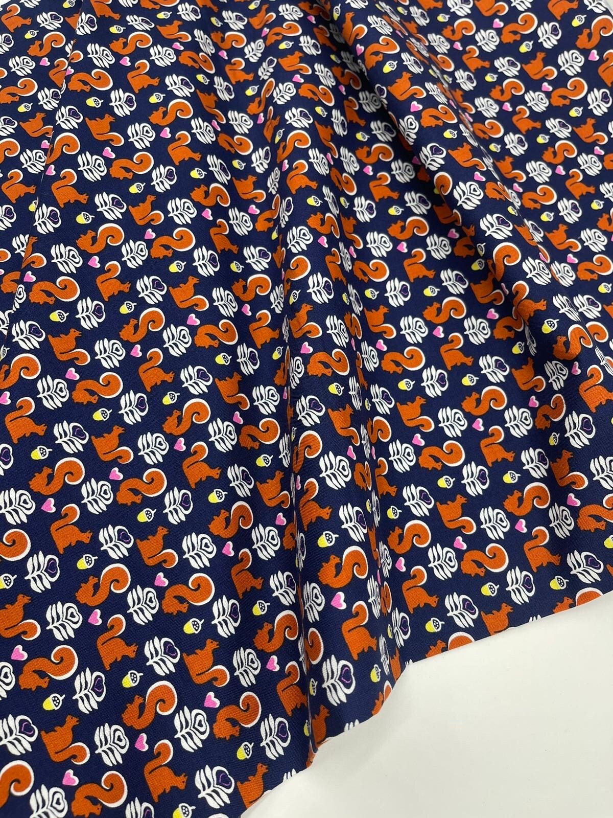 Squirrel Quilting fabric, pink hearts, Navy, Animal fabric, Crafts, Michael Miller CX-6572