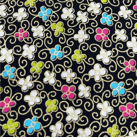 Floral Japanese fabric, Sakura, Petite small multi flowers by Benartex BT-6283.12Black