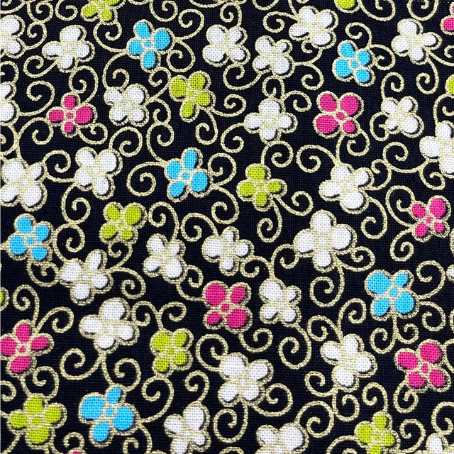 Floral Japanese fabric, Sakura, Petite small multi flowers by Benartex BT-6283.12Black