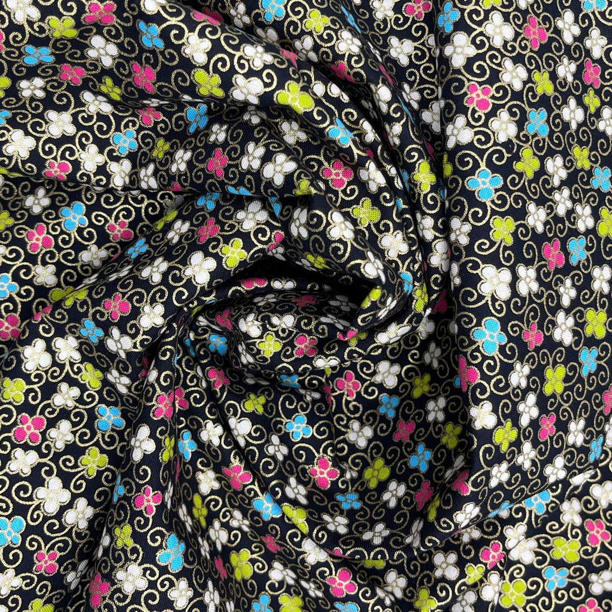 Floral Japanese fabric, Sakura, Petite small multi flowers by Benartex BT-6283.12Black