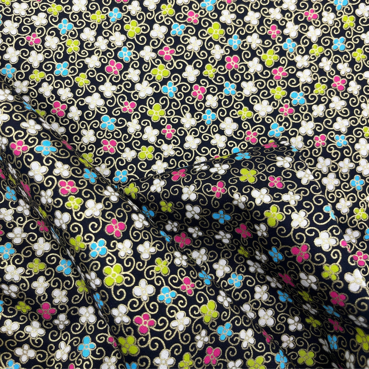 Floral Japanese fabric, Sakura, Petite small multi flowers by Benartex BT-6283.12Black