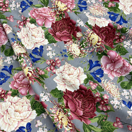 Floral fabric Sakura Japanese Geisha, Chong a Hwang, Timeless Treasures CM6158GREY