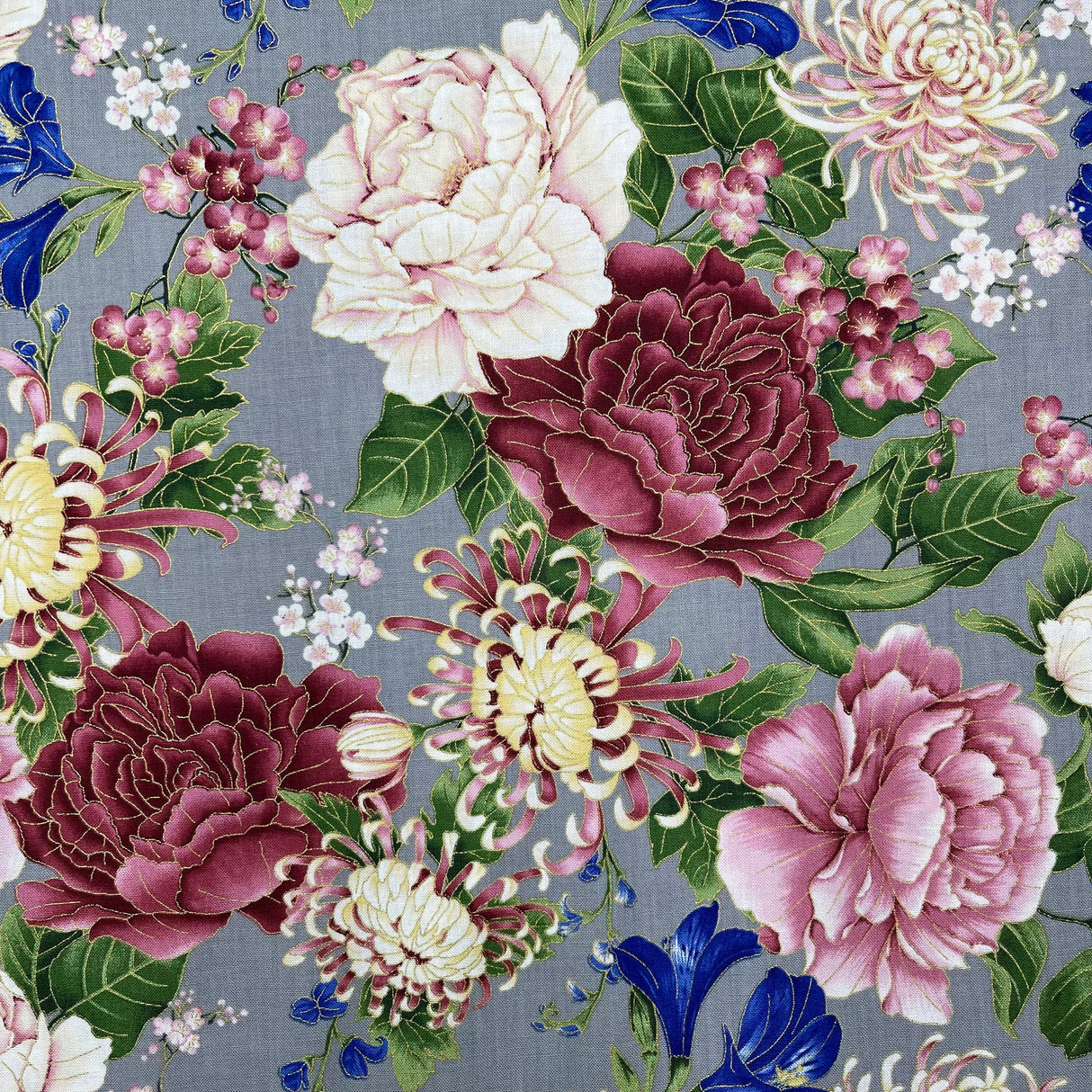Floral fabric Sakura Japanese Geisha, Chong a Hwang, Timeless Treasures CM6158GREY