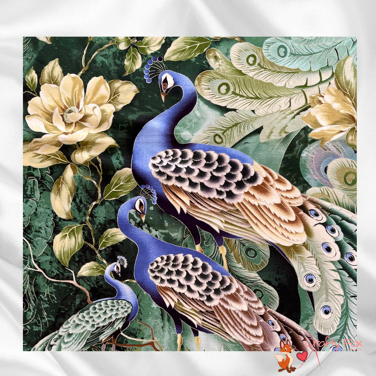 Peacock fabric panel, Plume Sage, Silver Metallic, Quilting, Cotton, Timeless Treasure CM6458