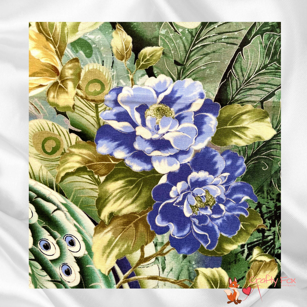 Peacock fabric panel, Plume Sage, Silver Metallic, Quilting, Cotton, Timeless Treasure CM6458