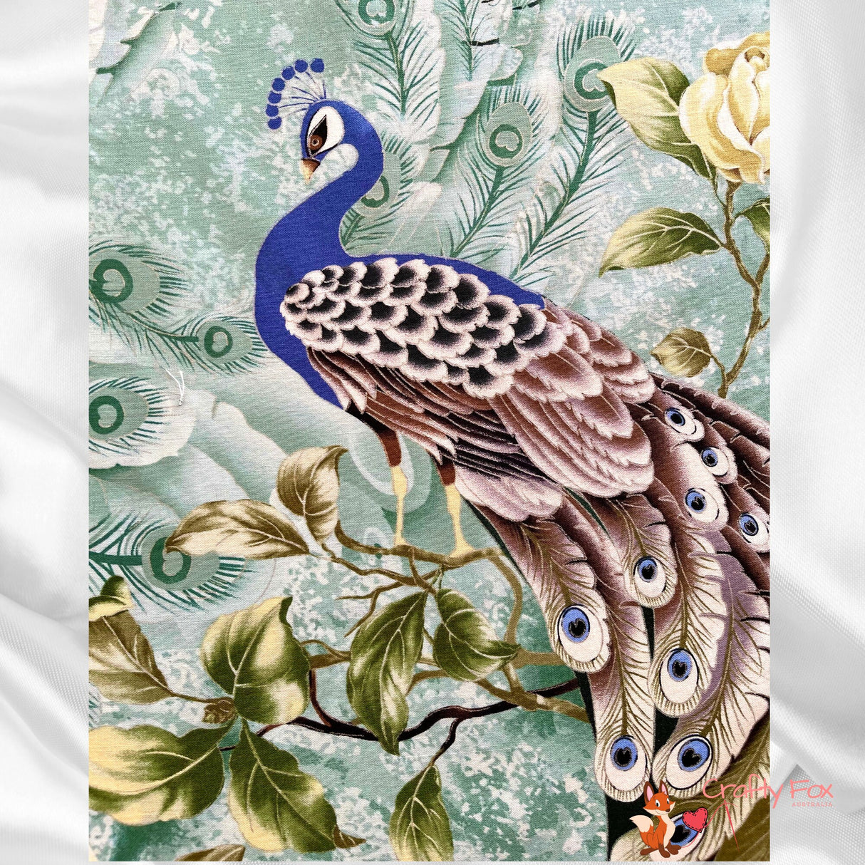 Peacock fabric panel, Plume Sage, Silver Metallic, Quilting, Cotton, Timeless Treasure CM6458