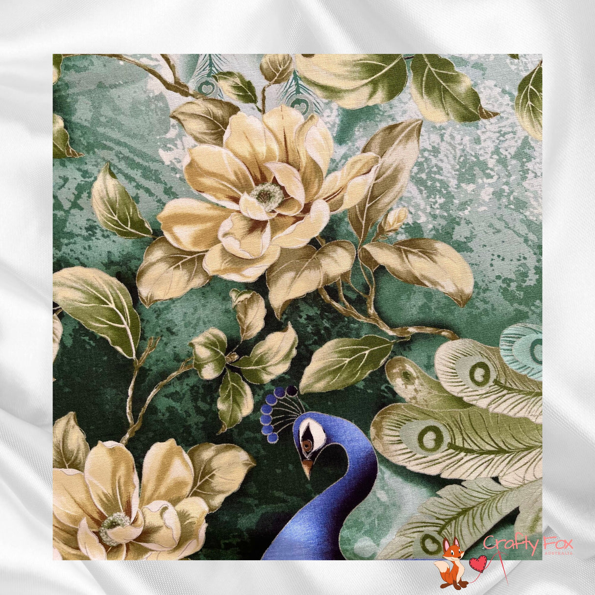 Peacock fabric panel, Plume Sage, Silver Metallic, Quilting, Cotton, Timeless Treasure CM6458