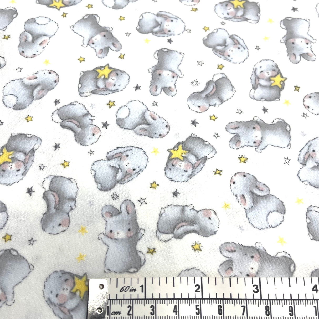 Bunnies fabric Little with Stars FLANNEL Quilting 100% Cotton Fabric CF-6451 White