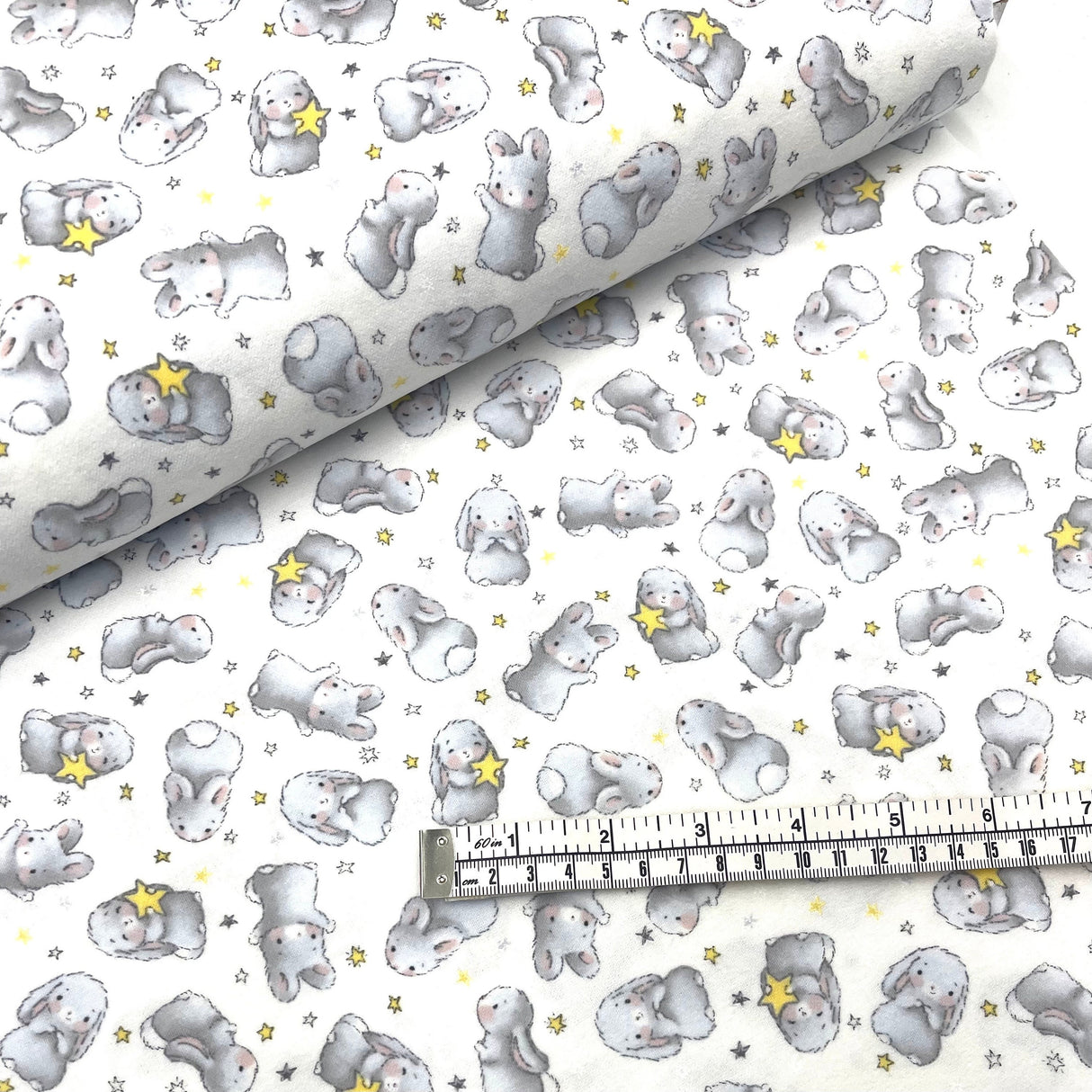Bunnies fabric Little with Stars FLANNEL Quilting 100% Cotton Fabric CF-6451 White