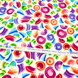 Selvage showing designer for All About Color, Cotton Quilting fabric, multi colour brush strokes on Cream background, BT8669-09